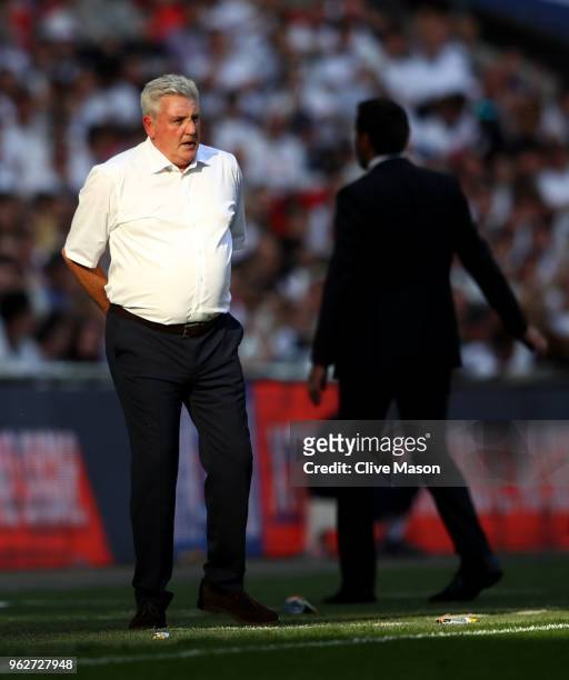Steve Bruce, Manager of Aston Villa looks on during the Sky Bet Championship Play Off Final between Aston Villa and Fulham at Wembley Stadium on May...