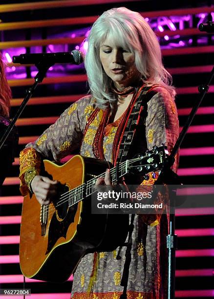 Musician Emmylou Harris performs at the 2010 MusiCares Person Of The Year Tribute To Neil Young at the Los Angeles Convention Center on January 29,...