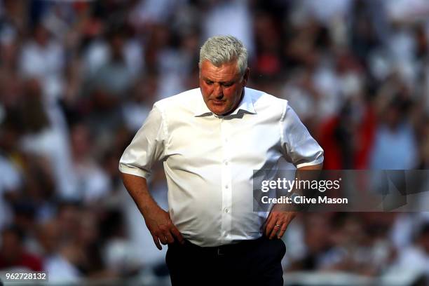 Steve Bruce, Manager of Aston Villa looks dejected during the Sky Bet Championship Play Off Final between Aston Villa and Fulham at Wembley Stadium...