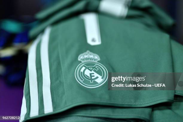 Detailed view of the Real Madrid logo on a pair of shorts in the changing room prior to the UEFA Champions League Final between Real Madrid and...