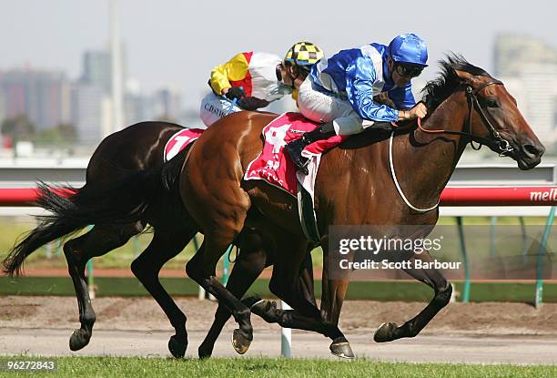 Jockey Corey Brown riding Tallow wins The Mittys Vanity during the Coolmore Lightning Stakes Day meeting at Flemington Racecourse on January 30, 2010...