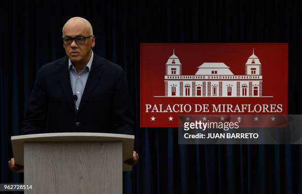 Venezuela's Communications Minister Jorge Rodriguez offers a press conference at the Miraflores presidential palace in Caracas on May 26, 2018 in...
