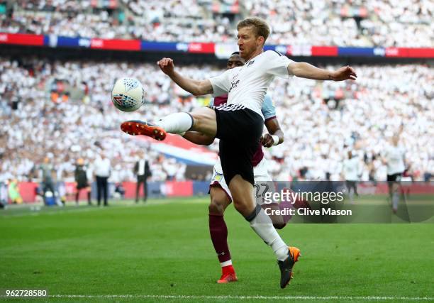 Tim Ream of Fulham clears the ball during the Sky Bet Championship Play Off Final between Aston Villa and Fulham at Wembley Stadium on May 26, 2018...