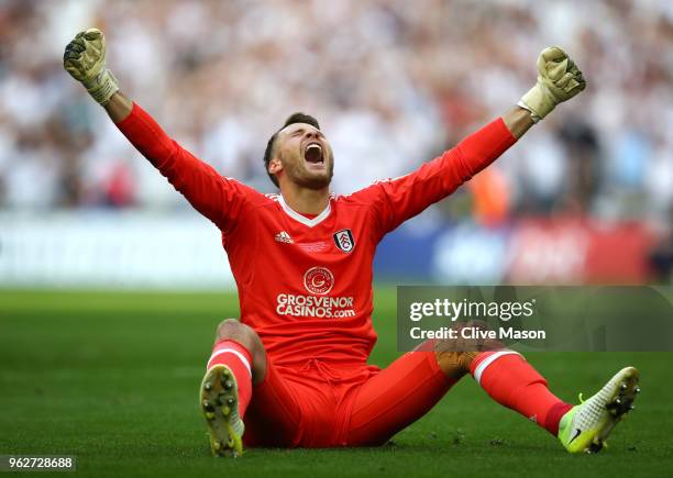 Marcus Bettinelli of Fulham celebrates his sides victory in the Sky Bet Championship Play Off Final between Aston Villa and Fulham at Wembley Stadium...