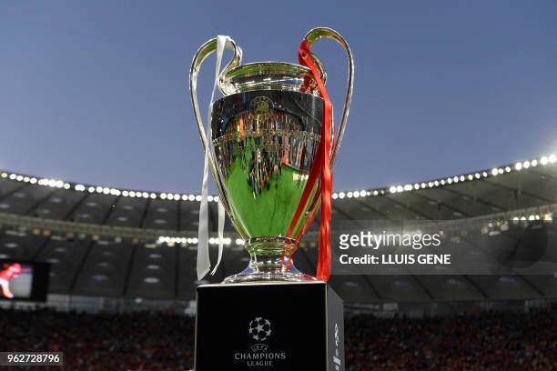 View of the trophy before the UEFA Champions League final football match between Liverpool and Real Madrid at the Olympic Stadium in Kiev, Ukraine on...