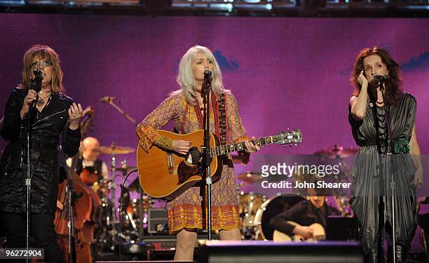 Musicians Lucinda Williams, Emmylou Harris and Patty Griffin perform at the 2010 MusiCares Person Of The Year Tribute To Neil Young at the Los...