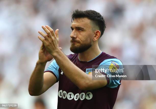 Robert Snodgrass of Aston Villa shows appreciation to the fans following the Sky Bet Championship Play Off Final between Aston Villa and Fulham at...