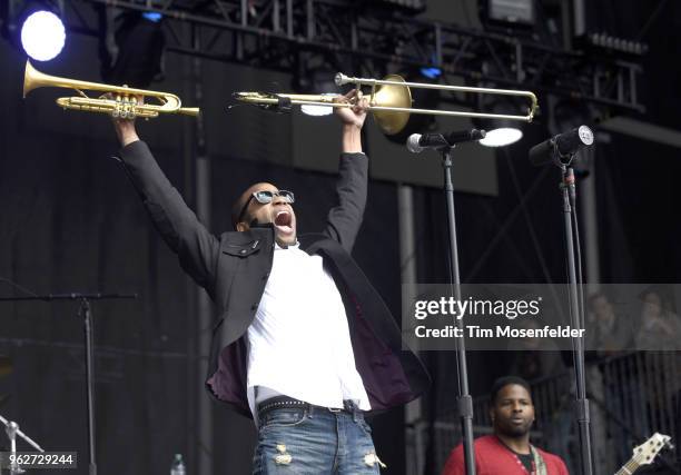 Trombone Shorty of Trombone Shorty & Orleans Avenue performs during the 2018 BottleRock Napa Valley at Napa Valley Expo on May 25, 2018 in Napa,...