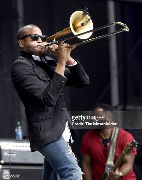 Trombone Shorty of Trombone Shorty & Orleans Avenue performs during the 2018 BottleRock Napa Valley at Napa Valley Expo on May 25, 2018 in Napa,...