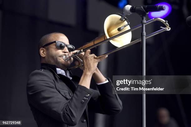 Trombone Shorty of Trombone Shorty & Orleans Avenue performs during the 2018 BottleRock Napa Valley at Napa Valley Expo on May 25, 2018 in Napa,...