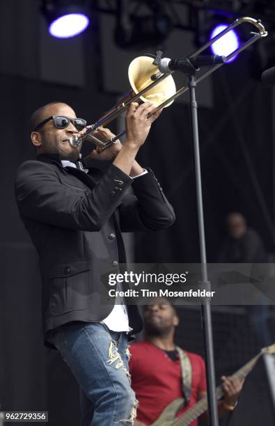 Trombone Shorty of Trombone Shorty & Orleans Avenue performs during the 2018 BottleRock Napa Valley at Napa Valley Expo on May 25, 2018 in Napa,...
