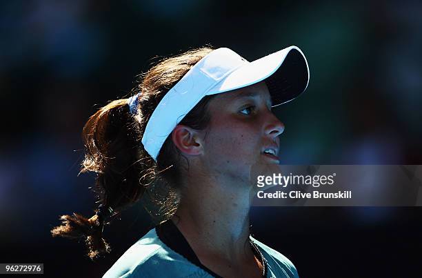 Laura Robson of Great Britain reacts after a point in her junior girls' singles final match against Karolina Pliskova of the Czech Republic during...