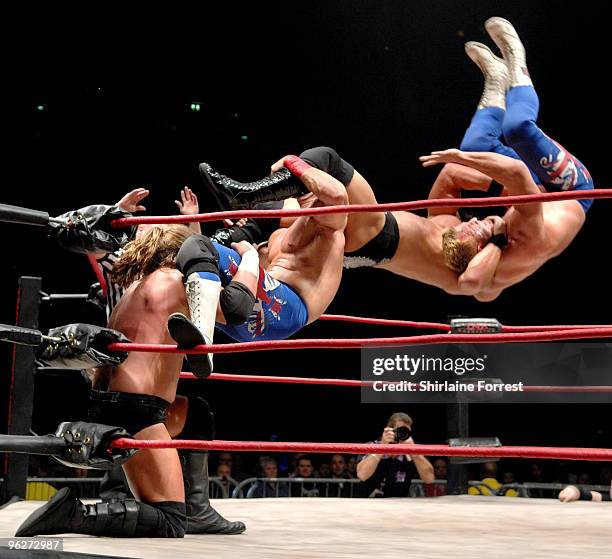 Brutus Magnus aka Nick Aldis and Doug Williams, The British Invasion with James Storm and Robert Roode, Beer Money of TNA Wrestling performs at MEN...