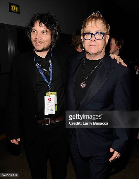 Musicians Jeff Tweedy of Wilco and Elton John attend the 2010 MusiCares Person Of The Year Tribute To Neil Young at the Los Angeles Convention Center...
