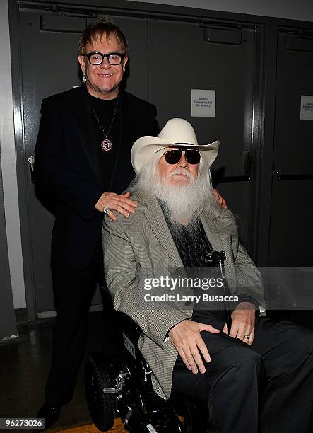 Musicians Elton John and Leon Russell attend the 2010 MusiCares Person Of The Year Tribute To Neil Young at the Los Angeles Convention Center on...