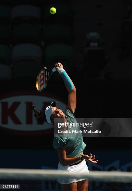 Laura Robson of Great Britain serves in her junior girls' singles final match against Karolina Pliskova of the Czech Republic during day thirteen of...