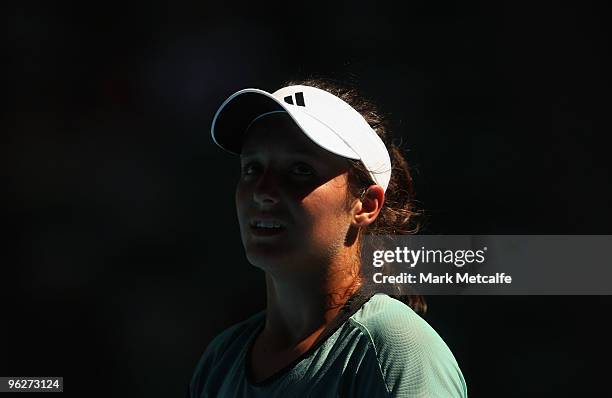 Laura Robson of Great Britain looks on in her junior girls' singles final match against Karolina Pliskova of the Czech Republic during day thirteen...