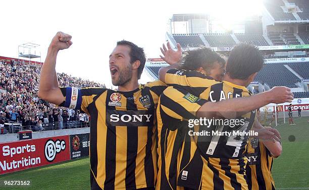 Andrew Durante captain of the Phoenix celebrates a goal during the round 25 A-League match between Wellington Phoenix and Adelaide United at AMI...