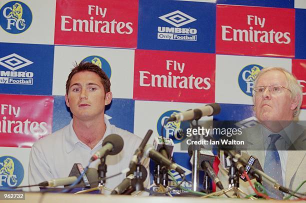 Frank Lampard of Chelsea and Managing Director Colin Hutchinson talk to the press during the press conference to announce his transfer to Chelsea...