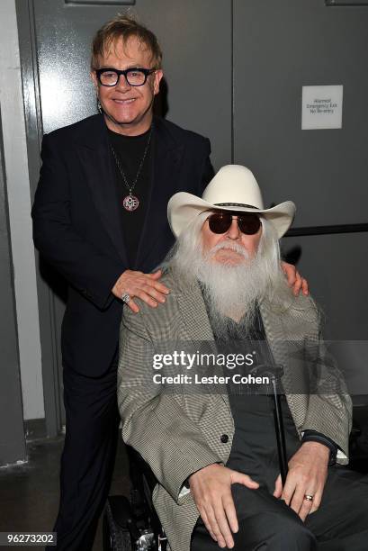 Musicians Sir Elton John and Leon Russell attend the 2010 MusiCares Person Of The Year Tribute To Neil Young at the Los Angeles Convention Center on...