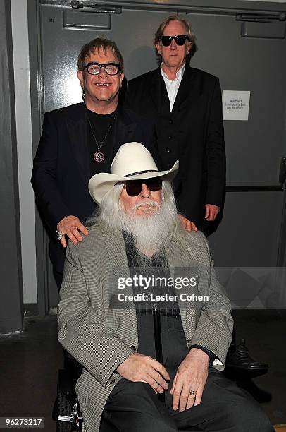 Musicians Sir Elton John, Leon Russell and T Bone Burnett attend the 2010 MusiCares Person Of The Year Tribute To Neil Young at the Los Angeles...