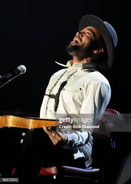 Musician Ben Ben Harper performs at the 2010 MusiCares Person Of The Year Tribute To Neil Young at the Los Angeles Convention Center on January 29,...