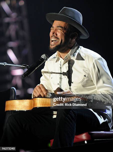 Musician Ben Ben Harper performs at the 2010 MusiCares Person Of The Year Tribute To Neil Young at the Los Angeles Convention Center on January 29,...