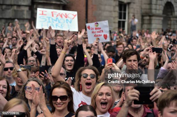 Yes voters celebrate as the result of the Irish referendum on the 8th amendment, concerning the country's abortion laws, is declared at Dublin Castle...