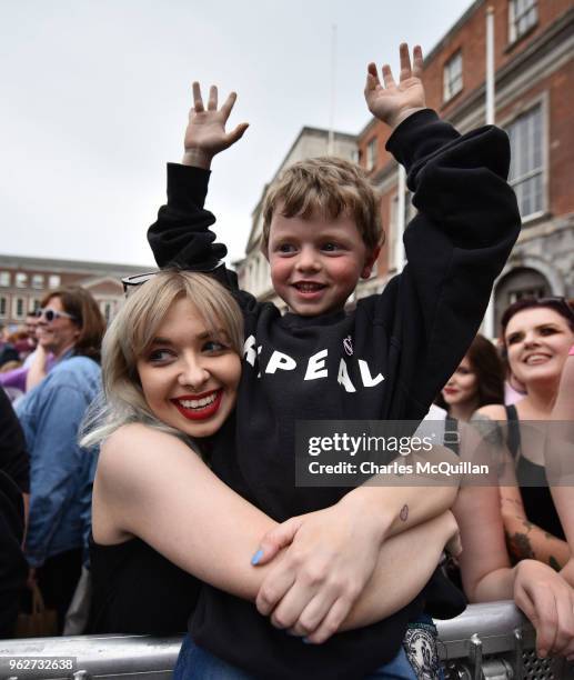 Yes voters celebrate as the result of the Irish referendum on the 8th amendment, concerning the country's abortion laws, is declared at Dublin Castle...