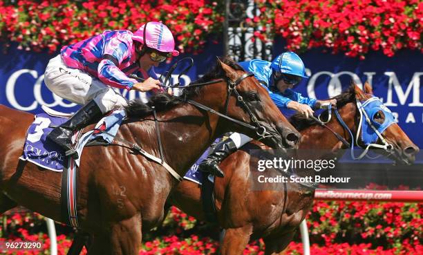 Jockey Damien Oliver riding Nicconi wins the Coolmore Lightning Stakes during the Coolmore Lightning Stakes Day meeting at Flemington Racecourse on...