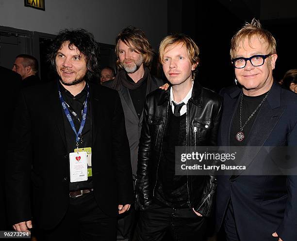 Musicians Jeff Tweedy and Pat Sansone of Wilco, Beck and Elton John attend the 2010 MusiCares Person Of The Year Tribute To Neil Young at the Los...