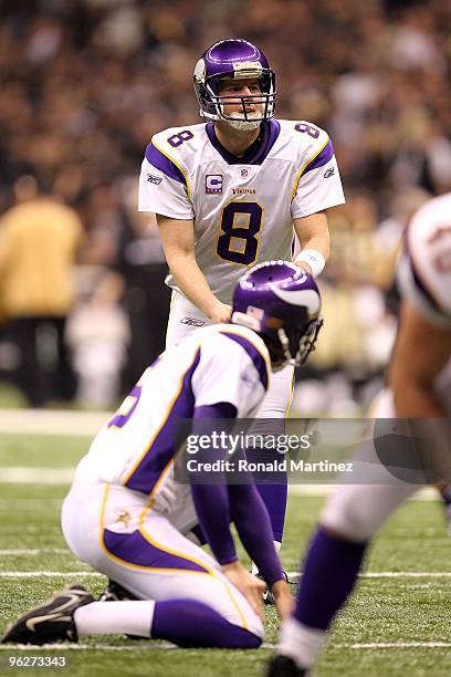 Kicker Ryan Longwell of the Minnesota Vikings gets set to attempt an extra point kick attempt against the New Orleans Saints during the NFC...