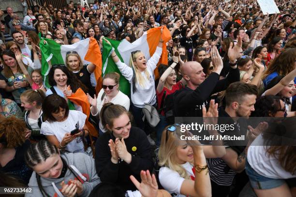 Supporters celebrate at Dublin Castle following the result Irish referendum result on the 8th amendment, concerning the country's abortion laws, on...