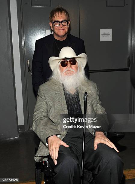 Elton John and Leon Russell backstage at 2010 MusiCares Person Of The Year Tribute To Neil Young at the Los Angeles Convention Center on January 29,...