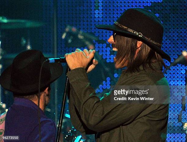 Singer Anthony Kiedis of the Red Hot Chili Peppers onstage at the 2010 MusiCares Person Of The Year Tribute To Neil Young at the Los Angeles...