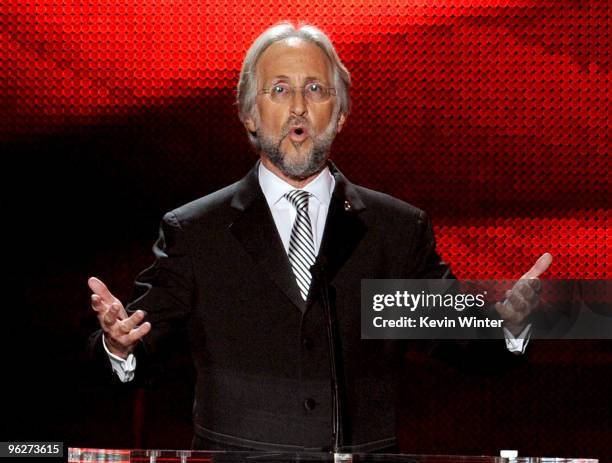 President of the National Academy of Recording Arts and Sciences Neil Portnow speaks onstage at the 2010 MusiCares Person Of The Year Tribute To Neil...