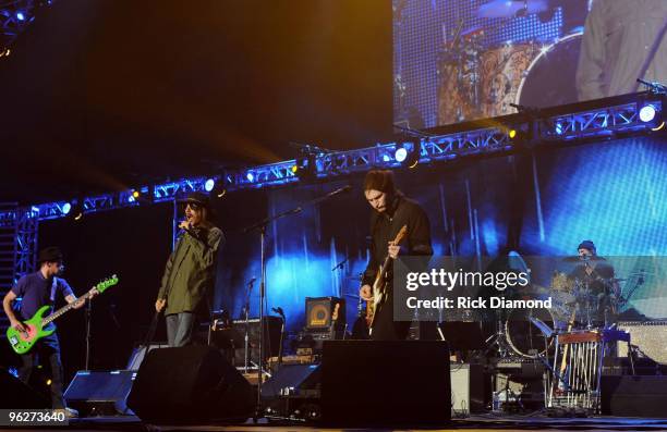 Musicians Flea, Anthony Kiedis, Josh Klinghoffer and Chad Smith of the Red Hot Chili Peppers perform at the 2010 MusiCares Person Of The Year Tribute...