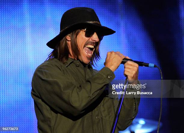 Singer Anthony Kiedis of the Red Hot Chili Peppers performs onstage at the 2010 MusiCares Person Of The Year Tribute To Neil Young at the Los Angeles...