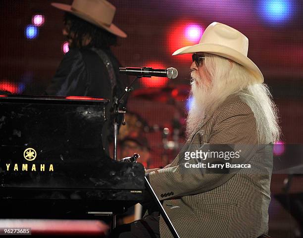 Musician Leon Russell performs onstage at the 2010 MusiCares Person Of The Year Tribute To Neil Young at the Los Angeles Convention Center on January...