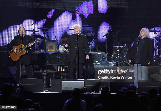 Musicians Stephen Stills, Graham Nash and David Crosby of Crosby, Stills & Nash perform onstage at the 2010 MusiCares Person Of The Year Tribute To...