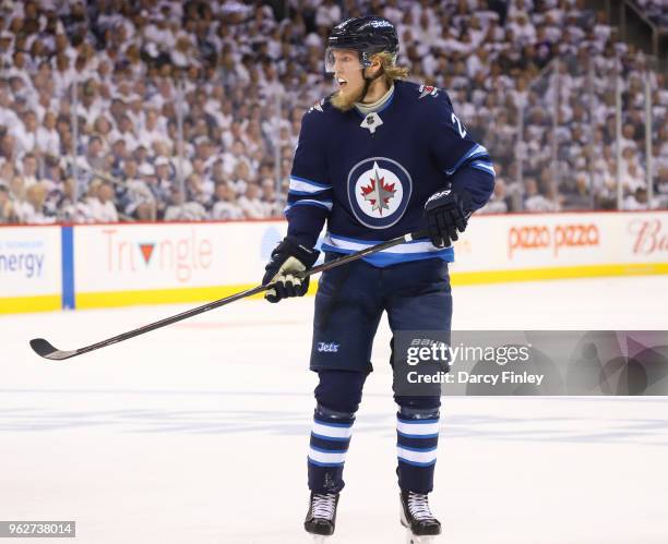 Patrik Laine of the Winnipeg Jets keeps an eye on the play during first period action against the Vegas Golden Knights in Game Five of the Western...