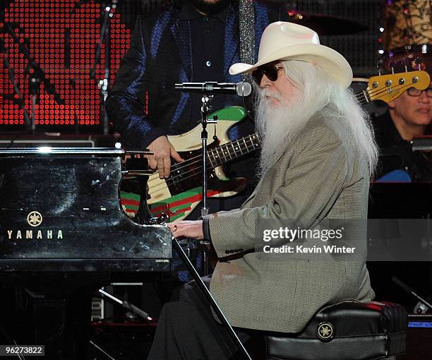 Musician Leon Russell performs onstage at the 2010 MusiCares Person Of The Year Tribute To Neil Young at the Los Angeles Convention Center on January...