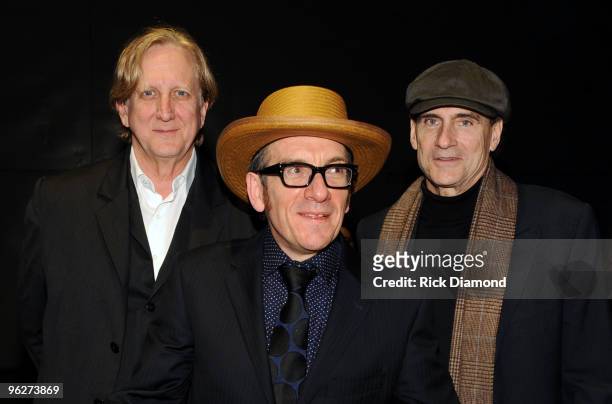 Musicians T-Bone Burnett, Elvis Costello and James Taylor backstage at the 2010 MusiCares Person Of The Year Tribute To Neil Young at the Los Angeles...