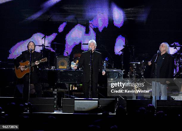 Musicians Stephen Stills, Graham Nash and David Crosby of Crosby, Stills & Nash perform onstage at the 2010 MusiCares Person Of The Year Tribute To...