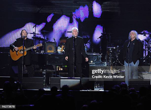 Musicians Stephen Stills, Graham Nash and David Crosby of Crosby, Stills & Nash perform onstage at the 2010 MusiCares Person Of The Year Tribute To...