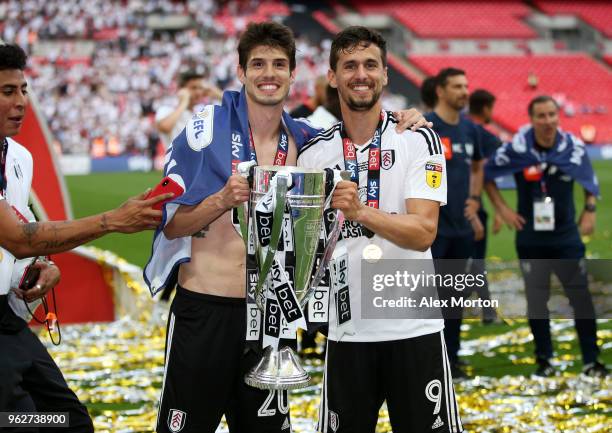 Lucas Piazon of Fulham and Rui Fonte of Fulham celebrate with the trophy following their sides victory in the Sky Bet Championship Play Off Final...