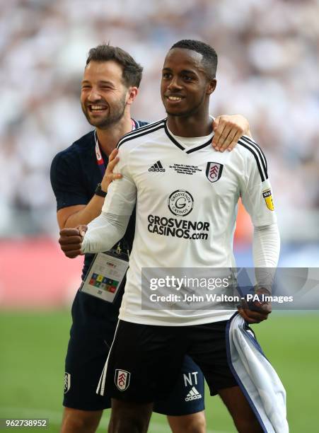 Fulham's Ryan Sessegnon celebrates promotion after the final whistle during the Sky Bet Championship Final at Wembley Stadium, London.