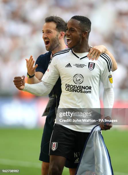 Fulham's Ryan Sessegnon celebrates promotion after the final whistle during the Sky Bet Championship Final at Wembley Stadium, London.