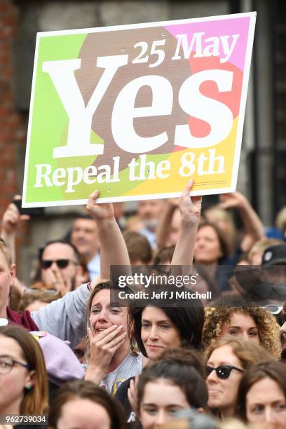 Supporters celebrate at Dublin Castle following the result Irish referendum result on the 8th amendment concerning the country's abortion laws on May...