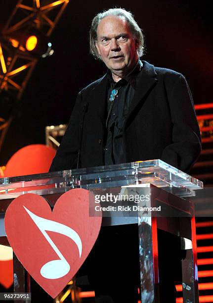 MusiCares Person of the Year musician Neil Young speaks at the 2010 MusiCares Person Of The Year Tribute To Neil Young at the Los Angeles Convention...